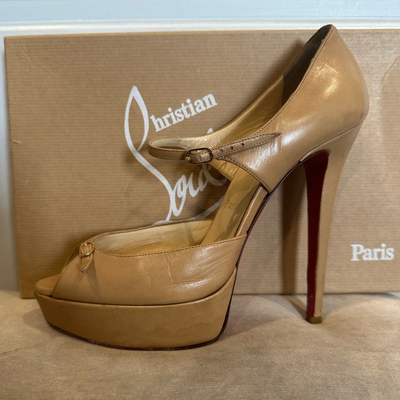 Christian Louboutin Tan Peep-Toe Heels - Picture 1 of 13